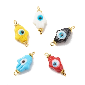 Handmade Evil Eye Lampwork Connector Charms, with Golden Tone Brass & Alloy Findings, Hand, Mixed Color, 25x11x7mm, Hole: 1.8mm