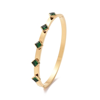 Cubic Zirconia Rhombus Hinged Bangle, Gold Plated 304 Stainless Steel Jewelry for Women, Green, Inner Diameter: 2-1/4 inch(5.8cm)