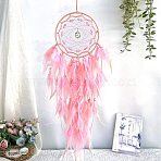 Woven Web/Net with Feather Hanging Ornaments, Iron Ring and Glass Beads for Home Living Room Bedroom Wall Decorations, Pink, 720x160mm(PW-WG9FB90-02)