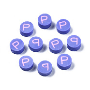 Handmade Polymer Clay Beads, Flat Round with Alphabet, Medium Slate Blue, Letter.P, 9x3.5~5mm, Hole: 1.6mm(CLAY-N011-031P)