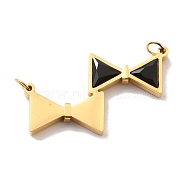Glass Pendants, with Ion Plating(IP) Golden 304 Stainless Steel Findings, Bowknot Charms, Black, 16.5x27x3mm, Hole: 3mm(STAS-P340-01G-02)