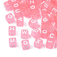 Transparent Acrylic Beads, Cube with White Random Mixed Letters, Pink, 6x6x6mm, Hole: 3.5mm(X1-TACR-ywc0001-01B)