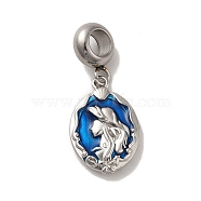 304 Stainless Steel Dodger Blue Enamel European Dangle Charms, Large Hole Pendants, Oval with Fishtail & Mermaid Pattern, Stainless Steel Color, 28mm, Pendant: 18x12x3mm, Hole: 4.5mm(STAS-G308-34P)