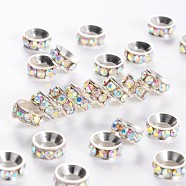 Brass Rhinestone Spacer Beads, Grade A, Rondelle, Silver Color Plated, Crystal AB, 7x3.3mm(RB-A020-7mm-28S)