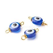 Resin Beads Links Connectors, with Golden Iron Findings and Tibetan Style Alloy Daisy Spacer Beads, Flat Round with Evil Eye, Blue, 19x10x6mm, Hole: 2~3mm(PALLOY-JF00815)