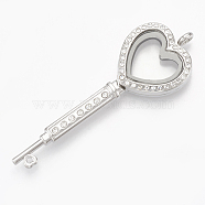 Alloy Magnetic Locket Big Pendants, with Rhinestone and Glass, Key, Crystal, Platinum, 72x24x7mm, Hole: 4mm, Inner Measure: 16x12mm(PALLOY-T052-05P)