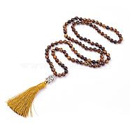 Tassel Pendant Necklaces, with Natural Tiger Eye Beads, Buddha Head, 31.1 inch~33 inch(79~84cm)(NJEW-P191-A01)