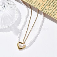 Ion Plating(IP) 304 Stainless Steel & Plastic Pearl Beaded Double Layer Necklaces, Heart Pendant Necklaces for Women, Real 18K Gold Plated, 16.14 inch(41cm)(NJEW-P320-25G)