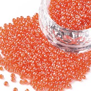 12/0 Grade A Round Glass Seed Beads, Transparent Colours Lustered, Dark Orange, 2x1.5mm, Hole: 0.3mm(X-SEED-Q011-F506)
