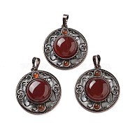 Natural Carnelian(Dyed and Heated) Pendants, Brass Hollow Flat Round Charms, Cadmium Free & Lead Free, Red Copper, 33.5x30.5x9.5mm, Hole: 8x5mm(G-Q158-03A-R01)