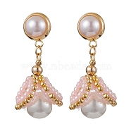 Glass Seed Bead Shell Shape Dangle Stud Earrings, with Glass Pearl Beads, Golden, 36x17mm(EJEW-MZ00273)