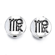 Tibetan Style Alloy Beads, Flat Round with Constellation/Zodiac Sign, Antique Silver, Virgo, 10mm, Hole: 1.5mm(X-TIBEB-Q090-09)