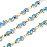 Handmade Alloy Enamel S Shape Link Chains, with Spool, Soldered, Long-Lasting Plated, Lead Free & Cadmium Free, Golden, Deep Sky Blue, 13x5x2mm, about 16.4 Feet(5m)/roll(ENAM-F138-05F-RS)