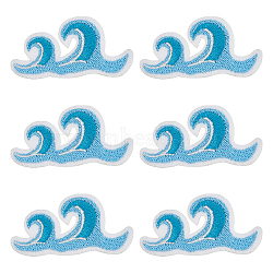 20Pcs Computerized Embroidery Polyester Adhesive Sew On Patches, Costume Accessories, Appliques, Wave Patten, Deep Sky Blue, 26x52x1.5mm(DIY-GF0005-82)