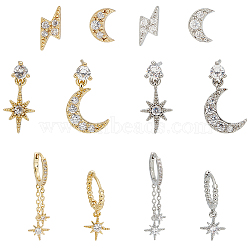 2 Sets 2 Color Brass Micro Pave Cubic Zirconia Dangle Stud Earrings, Hoop Earrings, Moon & Star & Lightning Bolt, Platinum & Golden, 6~36x3~13.5mm, 6Pcs/set, 1 Set/color(EJEW-AN0004-50)