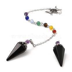 Natural Obsidian Pointed Dowsing Pendulums, with Alloy Triple Moon Pentacles, Lead Free & Cadmium Free, Hexagonal Cone Charm, 263~266mm(G-F754-01G)