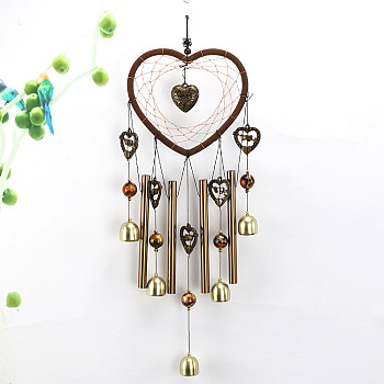 Resin Heart Woven Net/Web Wind Chimes, with Alloy Hollow Tubes and Bells, for Home Party Festival Decor, Coconut Brown, 600x170mm