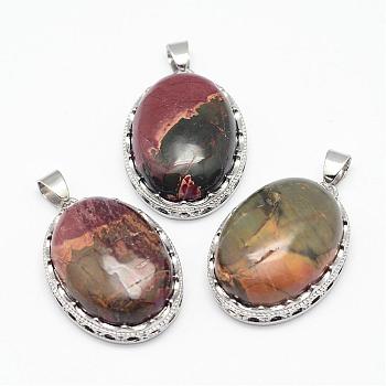 Natural Polychrome Jasper/Picasso Stone/Picasso Jasper Pendants, with Brass Findings, Oval, Platinum, 30x21x10~11mm, Hole: 6x4mm