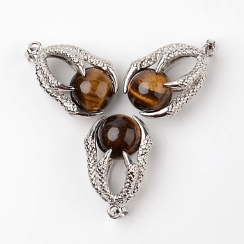 Eagle Claw Alloy Natural Tiger Eye Pendants, Platinum, 34~36x22~24x16mm, Hole: 5x8mm