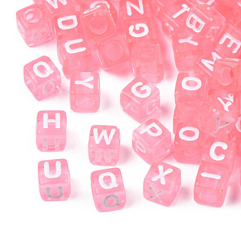 Transparent Acrylic Beads, Cube with White Random Mixed Letters, Pink, 6x6x6mm, Hole: 3.5mm