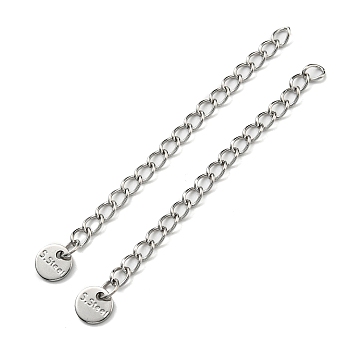 304 & 201 Stainless Steel Curb Chain Extender, End Chains, with Flat Round Chain Tabs, Stainless Steel Color, 57mm