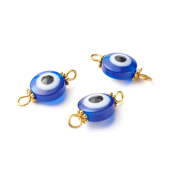 Resin Beads Links Connectors, with Golden Iron Findings and Tibetan Style Alloy Daisy Spacer Beads, Flat Round with Evil Eye, Blue, 19x10x6mm, Hole: 2~3mm
