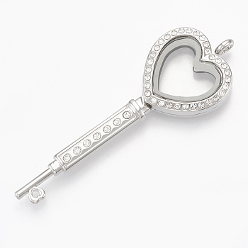 Alloy Magnetic Locket Big Pendants, with Rhinestone and Glass, Key, Crystal, Platinum, 72x24x7mm, Hole: 4mm, Inner Measure: 16x12mm