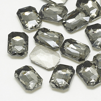 Pointed Back Glass Rhinestone Cabochons, Faceted, Rectangle Octagon, Black Diamond, 10x8x3.5mm