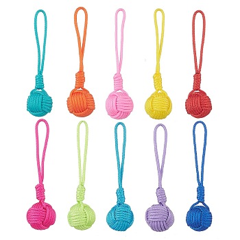 Polyester Cord Knitted Ball Wood Pendant Decoration, Round, Mixed Color, 101mm