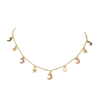 Moon & Star Alloy Enamel Charms Bib Necklaces, with Brass Chains, Golden, 17.76 inch(45.1cm)
