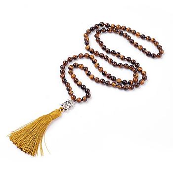 Tassel Pendant Necklaces, with Natural Tiger Eye Beads, Buddha Head, 31.1 inch~33 inch(79~84cm)