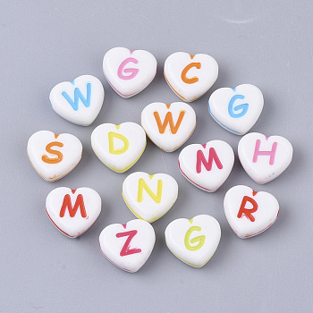 Craft Style Acrylic Beads, Horizontal Hole, Heart with Random Initial Letter, Mixed Color, 10x11x5mm, Hole: 1.8mm, about 1280pcs/500g