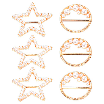 Gorgecraft 6Pcs Star & Flat Round Alloy Buckles, with ABS Plastic Imitation Pearl White Beads, Golden, 3pcs/style