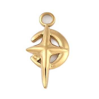 Ion Plating(IP) 304 Stainless Steel Pendants, Moon with Star Charm, Real 18K Gold Plated, 21x11x2.5mm, Hole: 2mm