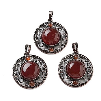 Natural Carnelian(Dyed and Heated) Pendants, Brass Hollow Flat Round Charms, Cadmium Free & Lead Free, Red Copper, 33.5x30.5x9.5mm, Hole: 8x5mm