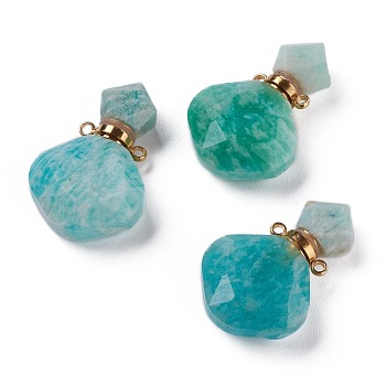 Rhombus Natural Amazonite Perfume Bottle Pendants, with 304 Stainless Steel Findings, Faceted, Golden, 26~27x17~17.5x8~8.5mm, Hole: 1.4mm, Capacity: about 2ml(0.06 fl. oz)