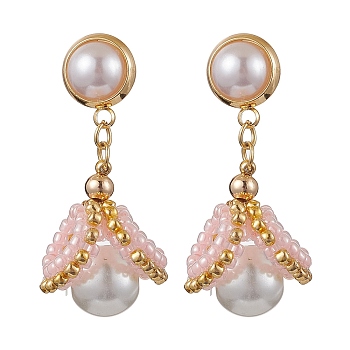 Glass Seed Bead Shell Shape Dangle Stud Earrings, with Glass Pearl Beads, Golden, 36x17mm