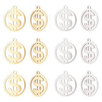 Unicraftale 12Pcs 2 Colors 201 Stainless Steel Pendants, Laser Cut Pendants, Flat Round with Dollar Sign, Mixed Color, 17x15x1mm, Hole: 1.4mm, 6pcs/color