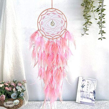 Woven Web/Net with Feather Hanging Ornaments, Iron Ring and Glass Beads for Home Living Room Bedroom Wall Decorations, Pink, 720x160mm