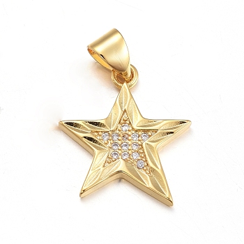 Brass Micro Pave Clear Cubic Zirconia Pendants, Star, Golden, 17.5x16x2mm, Hole: 5x3mm