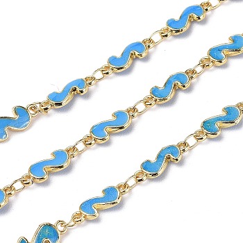 Handmade Alloy Enamel S Shape Link Chains, with Spool, Soldered, Long-Lasting Plated, Lead Free & Cadmium Free, Golden, Deep Sky Blue, 13x5x2mm, about 16.4 Feet(5m)/roll