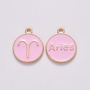 Alloy Enamel Pendants, Cadmium Free & Lead Free, Flat Round with Constellation, Light Gold, Pink, Aries, 15x12x2mm, Hole: 1.5mm(ENAM-S124-01B-09A)