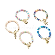 Marine Organism Theme Charm Bracelet, Polymer Clay Heishi Beads Bracelet, Surfering Bracelet for Beach Vacation, Golden, Mixed Color, 7-1/8 inch(18.2cm)(BJEW-JB07203)