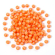 Opaque Acrylic Beads, Flat Round with White Heart & Flower & Moon & Star, Orange, 7x4mm, Hole: 1.6mm, 200pcs/set(MACR-YW0001-18D)