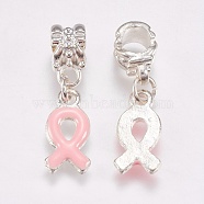 Metal Alloy European Dangle Pendants, Breast Cancer Pink Awareness Ribbon, with Enamel, 27mm(X-MPDL-H062-1)
