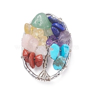 Gemstone Copper Wire Wrapped Chips Pendants, Synthetic Howlite, Natural Red Jasper & Aventurine & Lapis Lazuli & Rose Quartz & Amethyst & Citrine, Golden, Oval with Tree, 30.5x22x7mm, Hole: 1x2.8mm(PALLOY-JF01408-02)