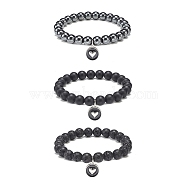 3Pcs 3 Style Natural Black Agate(Dyed) & Lava Rock & Synthetic Hematite Round Beaded Stretch Bracelets Set, Alloy Enamel Heart Charms Stackable Bracelets for Men Women, Inner Diameter: 2-1/8 inch(5.3cm), 1Pc/style(BJEW-JB08897)