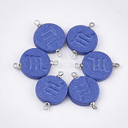 Handmade Porcelain Links connectors, Frosted, with Brass Findings, Flat Round with Constellation, Platinum, Blue, Scorpio, 22x15~15.5x3mm, Hole: 1.5mm(PORC-T002-124D)