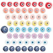 PandaHall Elite 64Pcs 8 Colors Handmade Porcelain Beads, Bright Glazed Porcelain, Flat Round with Evil Eye, Mixed Color, 8x5mm, Hole: 1.5mm(PORC-PH0001-22)