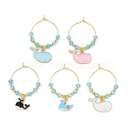 Whale Alloy Enamel Wine Glass Charms Sets, with Glass Beads and Brass Hoop Earrings Findings, Mixed Color, 42mm(AJEW-JO00232)